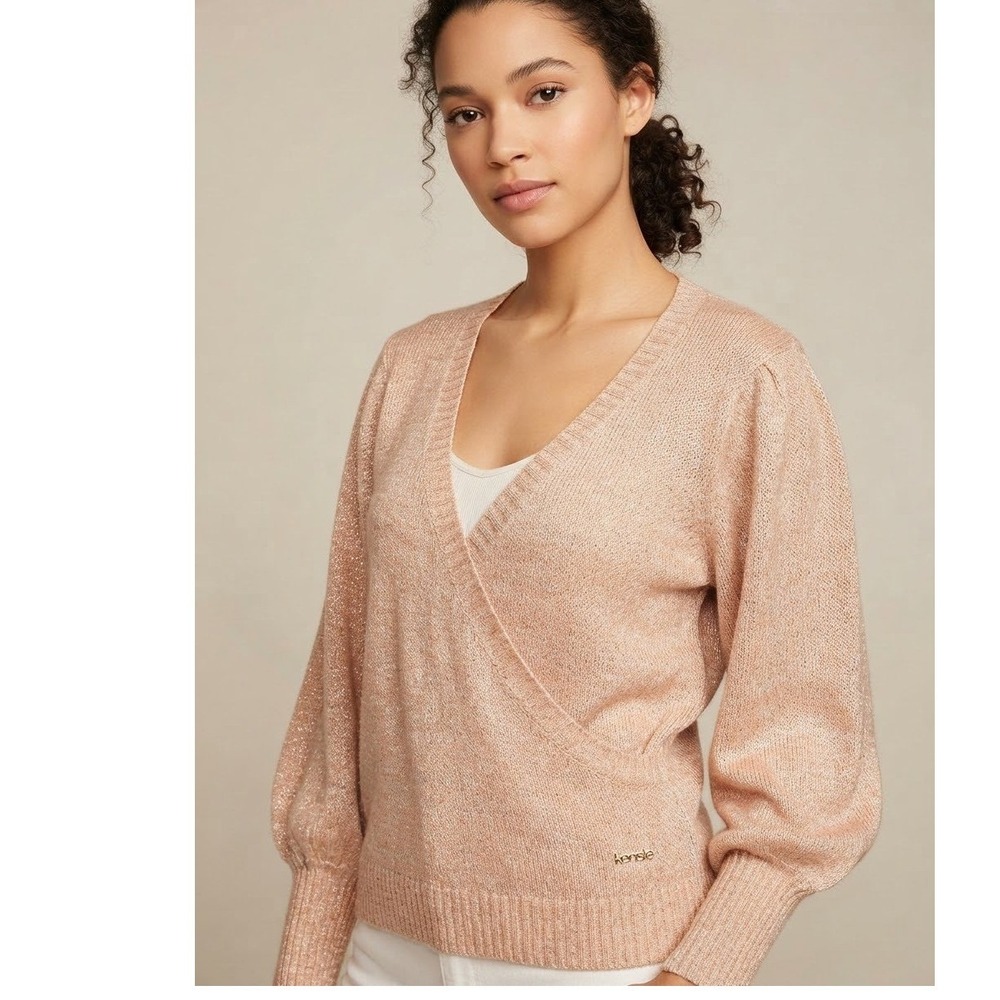 Kensie Womens Peach Metallic Knit Wrap V-Neck Puff Sleeve Sweater M K9MWS72A